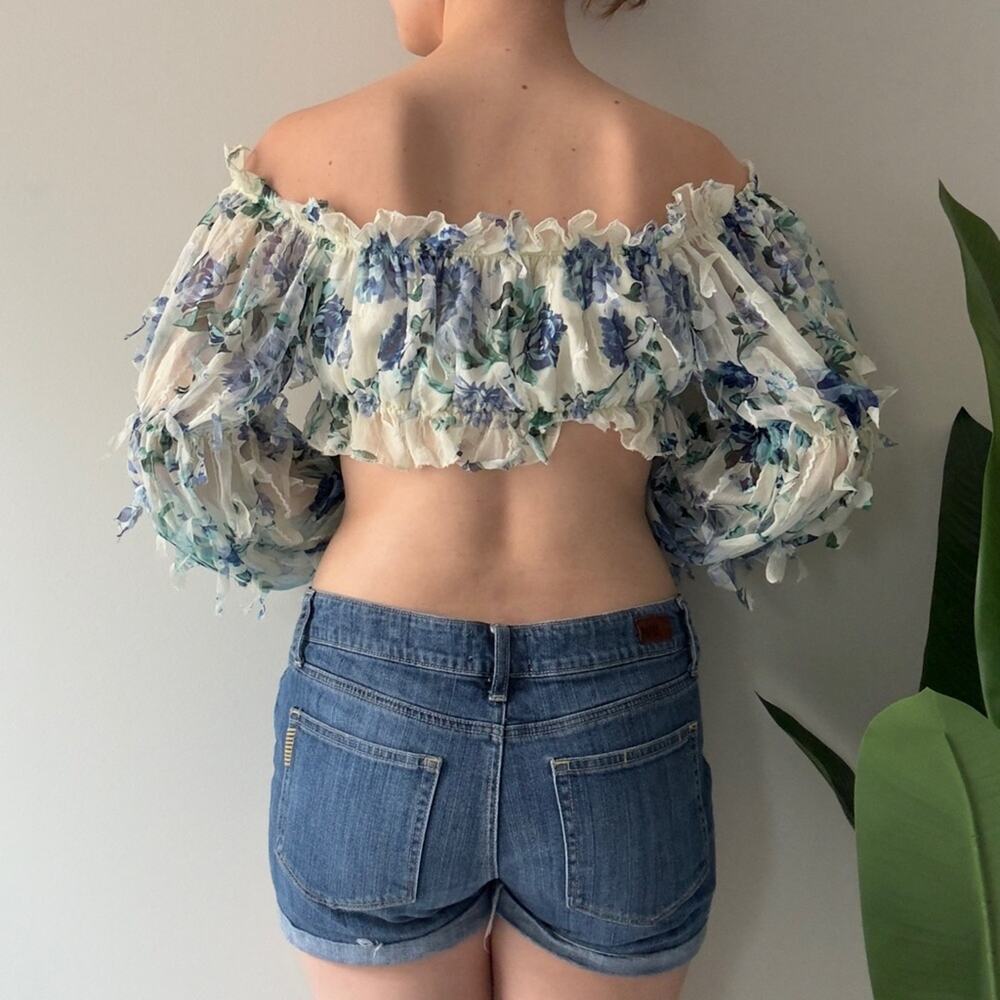 Shein Floral Off-Shoulder Ruffle Top Long Sleeve Cropped Crop Frilly Spring EUC - Picture 2 of 12